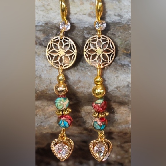 Goldtone Filigree Design Charm & Red Imperial Jasper 18k Gold Plated - Picture 1 of 5